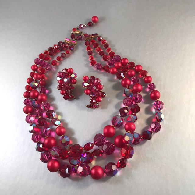 Red Faceted Glass Bead Silver Tone Long Necklace Earring Set