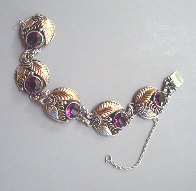 HOBE purple rhinestones and sterling silver bracelet with 14k gold plating Morning Glory Jewelry Antiques