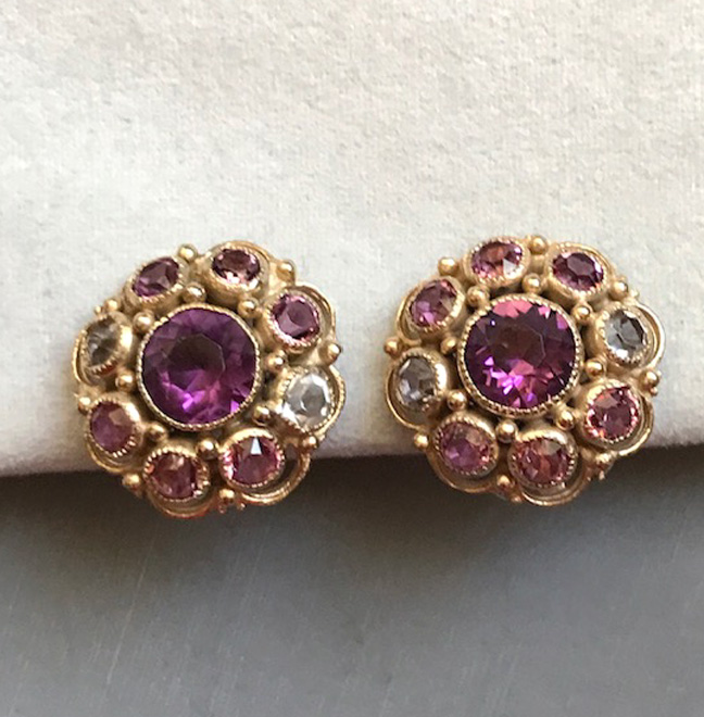 Hobe Earrings in Purple, Pink and Clear Unfoiled Rhinestones