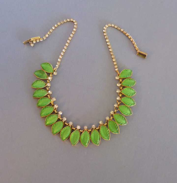 Hobe Frosted Green Leaves Necklace With Clear Rhinestone Morning Hobe