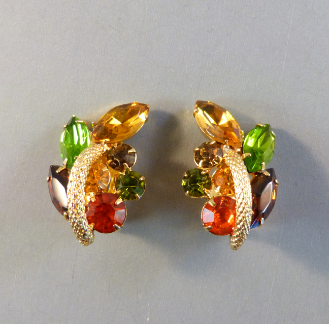 Juliana D&E Style Earrings with Green, Brown Orange Rhinestones