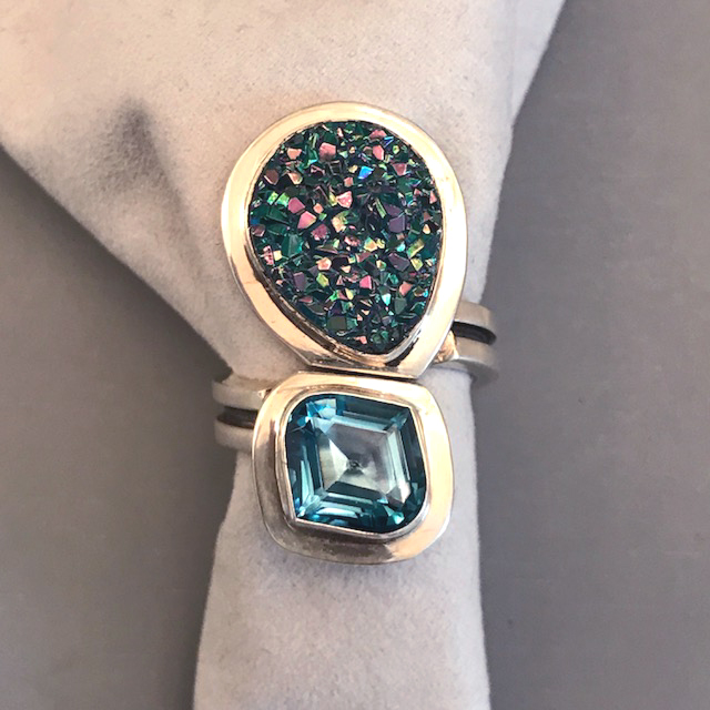 Z Sterling Ab Marked Ring With Faceted Aqua Crystals Morning Glory Z Sterling Ab Marked