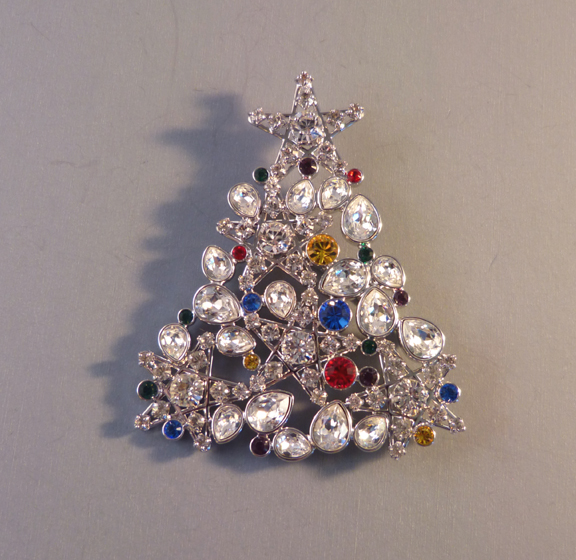 Vintage Christmas Tree Brooch Pin Crystal Gold Tone Metal Scarf Brooch Jewelry