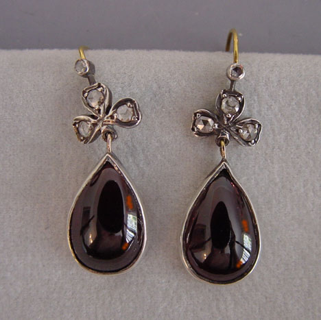 Garnet Cabochons Rose Cut Diamond Earrings Morning Glory Jewelry Garnet Teardrop Shaped Cabochons And Rose Cut Diamond Earrings With Shamrock Tops 14k Wires 1 8 These Are 20th Century Made To Look