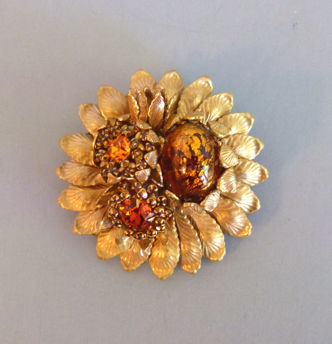 Amourelle Large Flower Brooch In Honey And Cabochons 1960s This Is A Nice Large3 Pin On Gold Tone Filigree Base Marked Amourelle