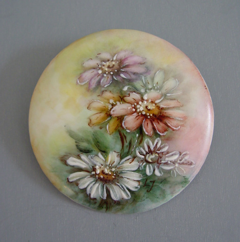 White Daisy Flower Painted on Ceramic Brooch