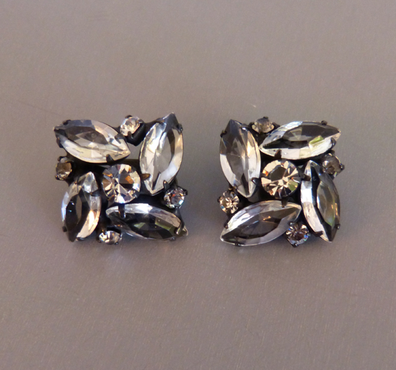 Earrings with Clear Unfoiled Marquis-Shaped Rhinestones Set in A Black Japanned Setting