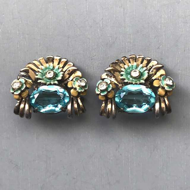 DeRosa Set of Two Aqua Rhinestones Flower Brooches with Clear Rhinestone Accents and Aqua and Cream Enamel Work