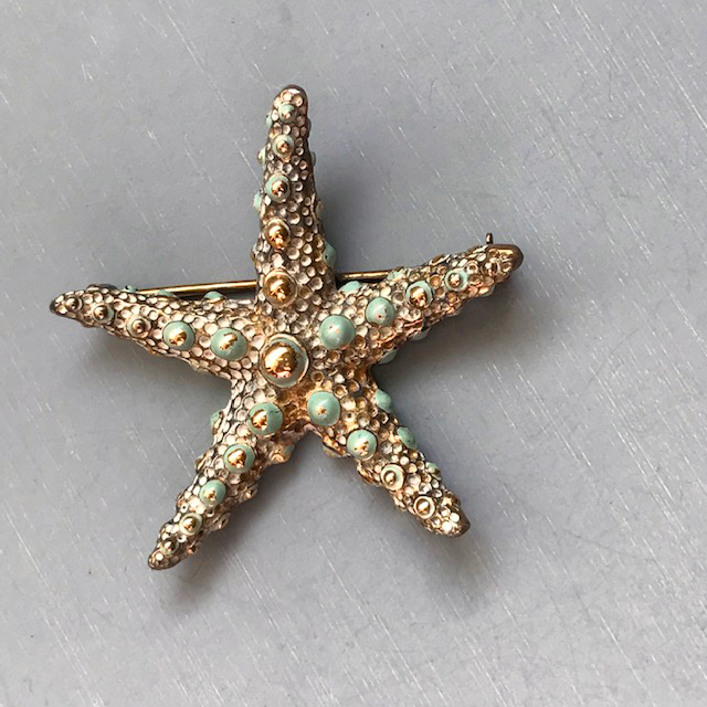DEROSA aqua enameled starfish brooch in gold plated sterling silver Morning Glory Jewelry Antiques