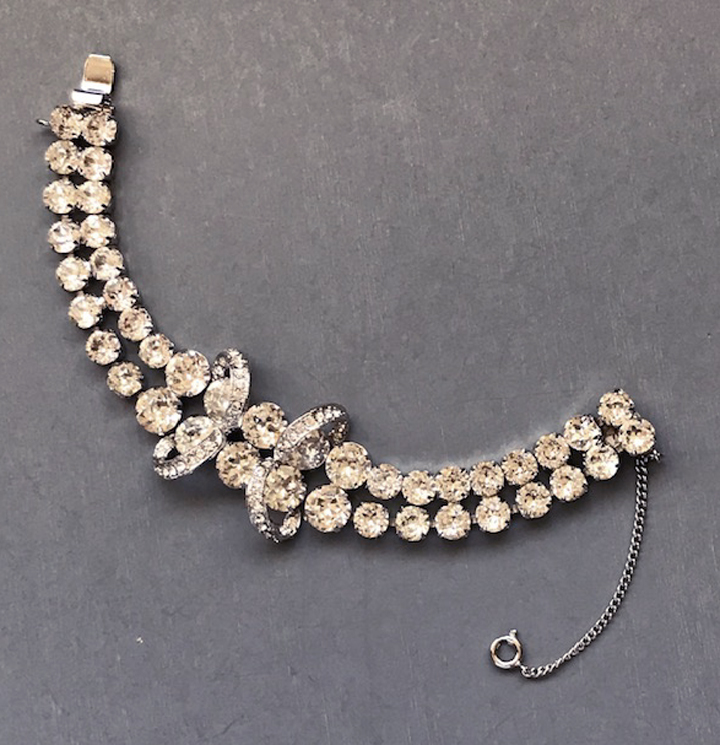 EISENBERG dazzling clear rhinestones bracelet in a silver colored rhodium plated setting 1960s Morning Glory Jewelry Antiques
