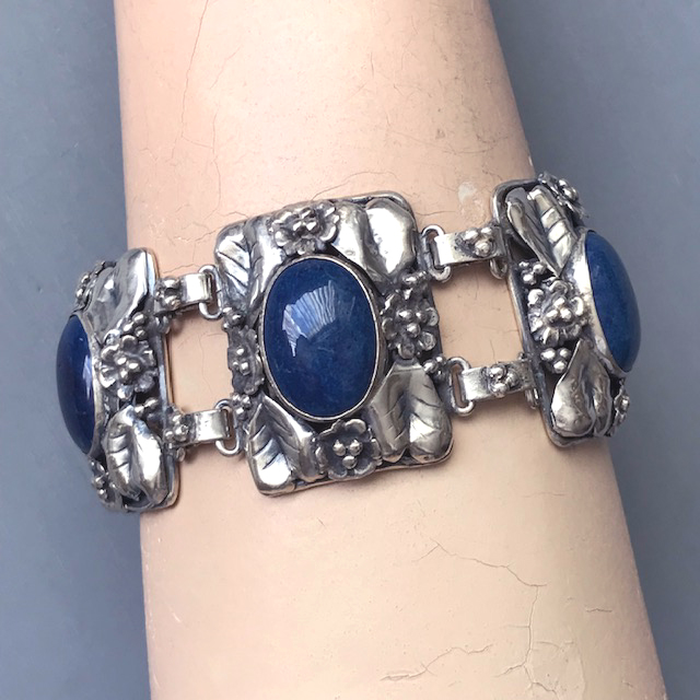 HOBE lapis blue color cabochons and sterling silver five link bracelet,  hand wrought flowers and leavest - Morning Glory Jewelry & Antiques