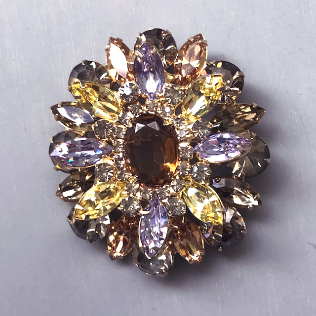 Juliana D&E Lavender, Gray and Yellow Rhinestones Brooch in A Gold Tone Setting, 1960