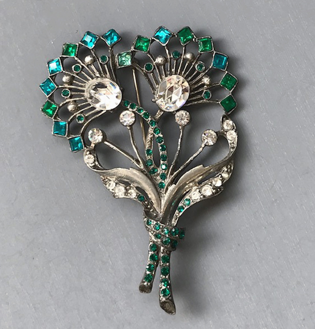 Staret Deco Style Double Flower Brooch with Square Green and Aqua Rhinestones and Clear Rhinestone Accents