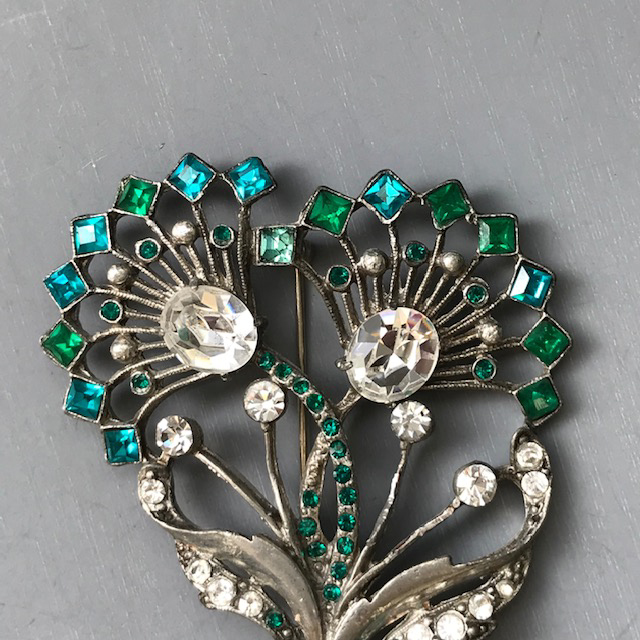 STARET Deco style double flower brooch with square green and aqua  rhinestones and clear rhinestone accents - Morning Glory Jewelry & Antiques