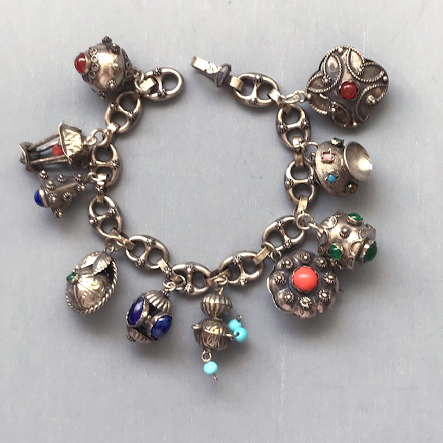 Etruscan Revival 800 Sterling Charm Bracelet with Ten Different Charms