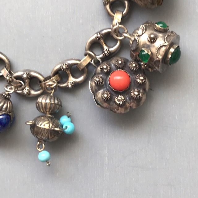 Etruscan Revival 800 Sterling Charm Bracelet with Ten Different Charms