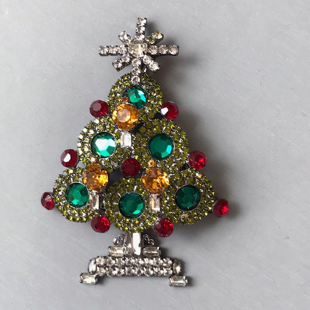 LARRY VRBA Christmas tree brooch with emerald green ornaments, red  rhinestone lights a lighter green rhinestone boughs and clear and topaz  colored candles - Morning Glory Jewelry & Antiques