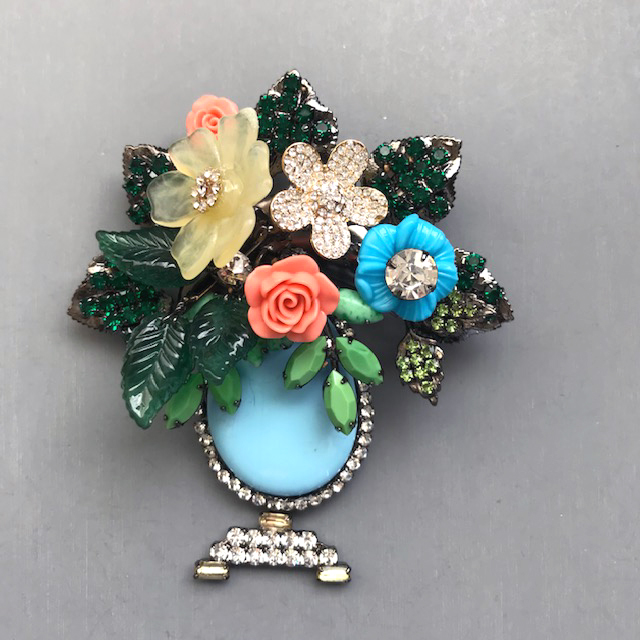 LARRY VRBA aqua glass basket or vase brooch with a wonderful