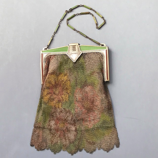 WHITING DAVIS Deco painted baby mesh purse with a lovely flower motif on both sides and a silver frame enameled green and brown Morning Glory Jewelry Antiques