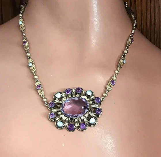 AUSTRO-HUNGARIAN genuine AMETHYST Renaissance inspired necklace with mother -of-pearl accents in a gold plated silver setting - Morning Glory Jewelry &  Antiques