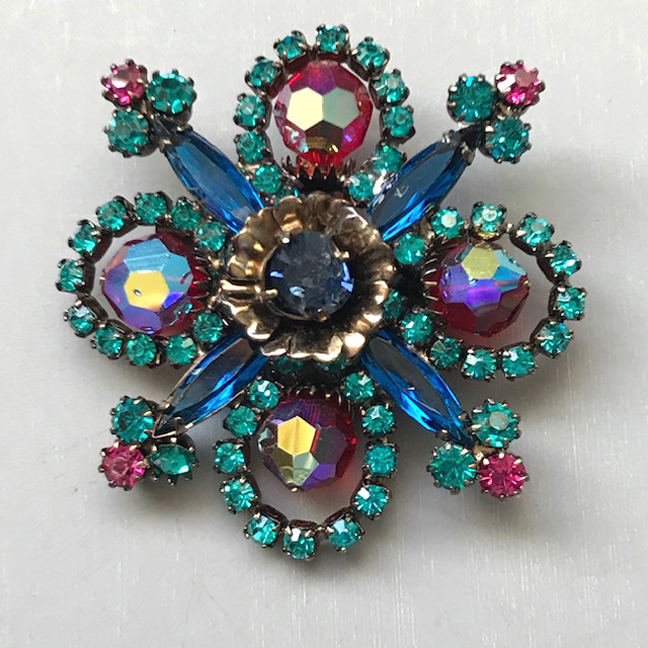 Dramatic Brooch with Peacock Blue Rhinestones, Unfoiled Deep Blue Long Marquis and Red Aurora Borealis