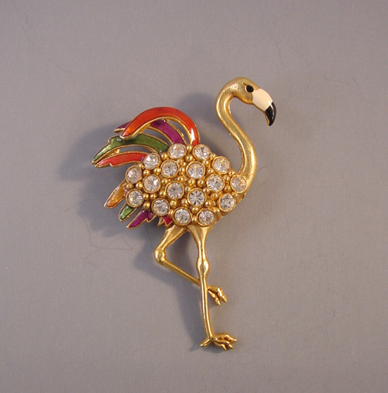 FLAMINGO figural brooch colorful enameled feathers