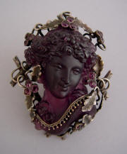 Details about    Victorian style cameo intricate textured brass tone purple acrylic stone BROOCH 