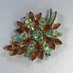 Juliana Brooch with An Opalescent Glass Oval Cabochon, Dark Gray Rhinestones That Are The Color of Hematite, Yellow and Caramel Colored Rhinestones