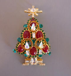 LARRY VRBA Christmas tree brooch with emerald green ornaments, red  rhinestone lights a lighter green rhinestone boughs and clear and topaz  colored candles - Morning Glory Jewelry & Antiques